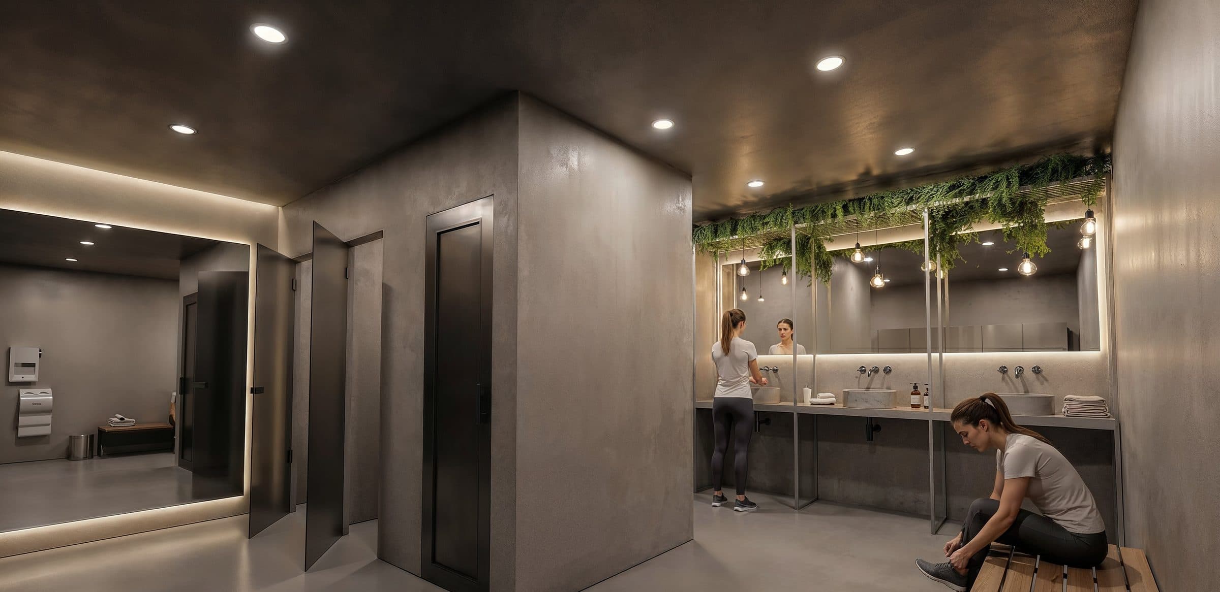 Vestidores con regaderas, lockers y área de lavabos